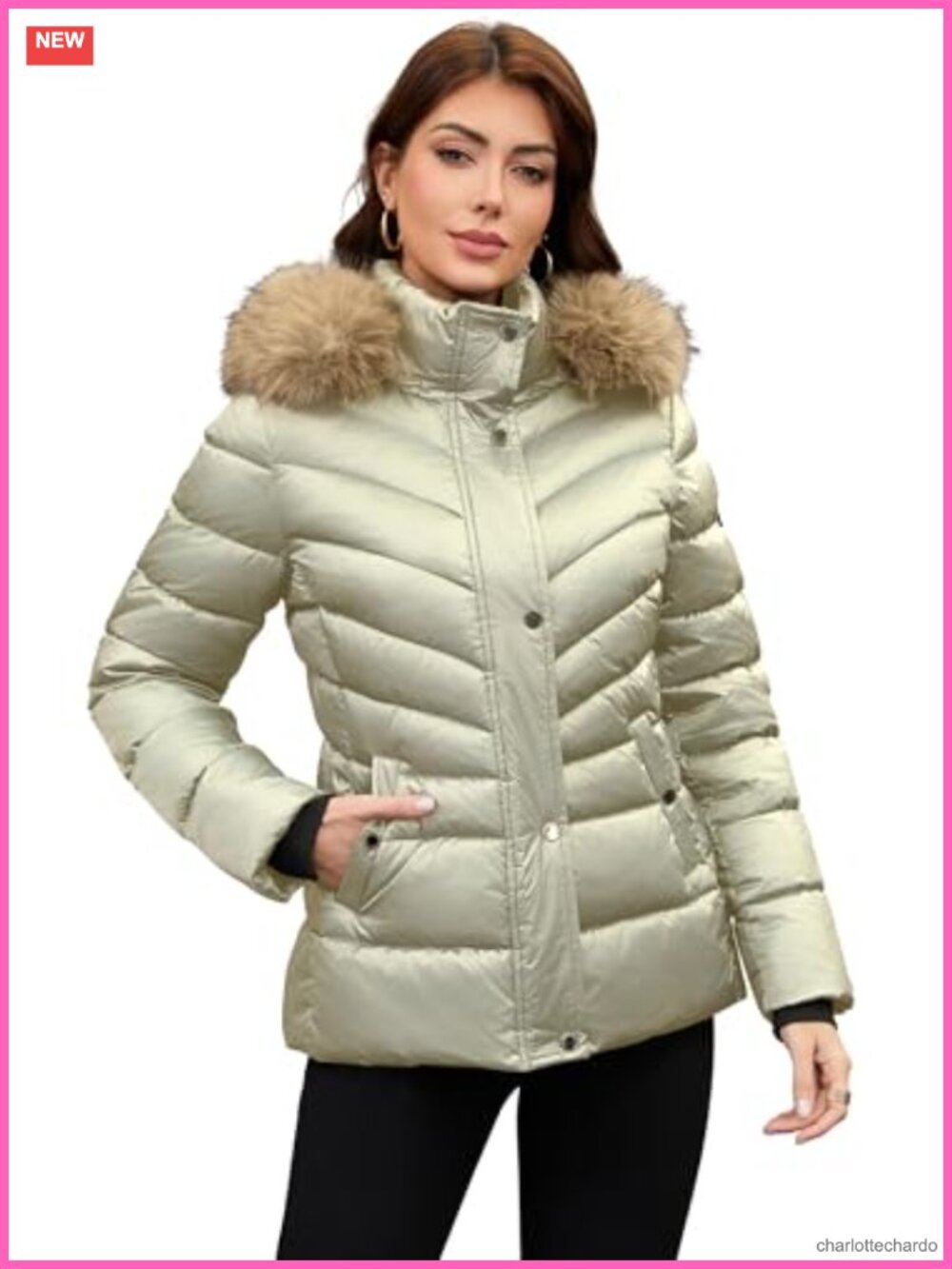 Shiny Puffer Coat with Detachable Faux Fur Collar & Hood Winter Jacket